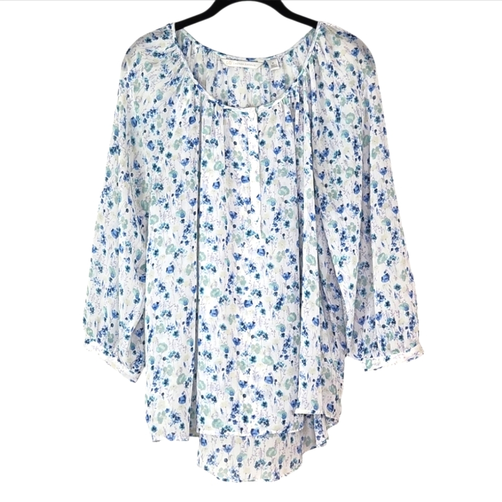 🌿 LC Lauren Conrad White Floral Boho Blouse with Blue & Green Print